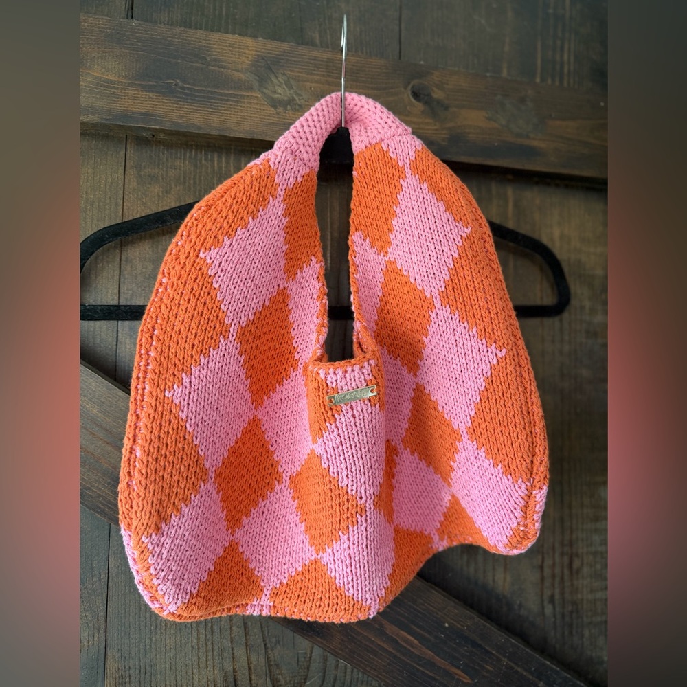 Kopari Pink and Orange Diamond Pattern Crochet Woven Handbag